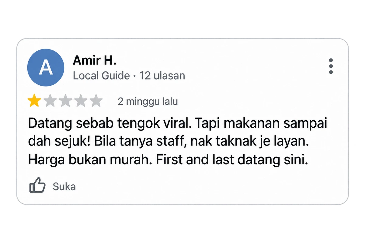 Contoh ulasan rekaan satu bintang: pelanggan kecewa dengan makanan sejuk, layanan staff dan harga.