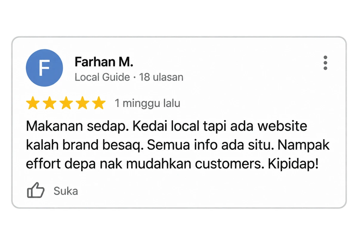 Ilustrasi ulasan rekaan lima bintang: makanan sedap dan website memudahkan pelanggan mendapatkan maklumat.